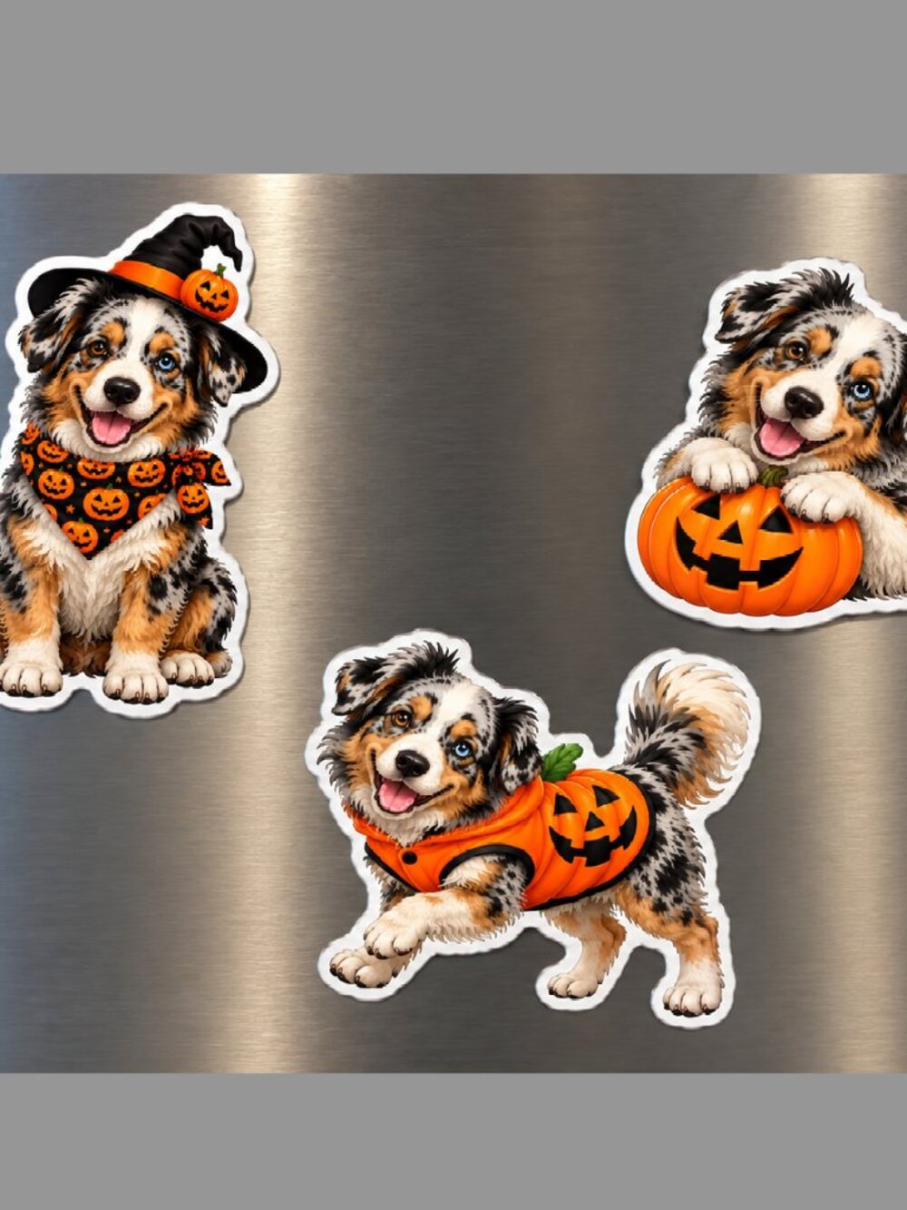 3 Australian Shepherd Halloween Dog Magnets Pumpkin Puppy Fridge Decor Handmade